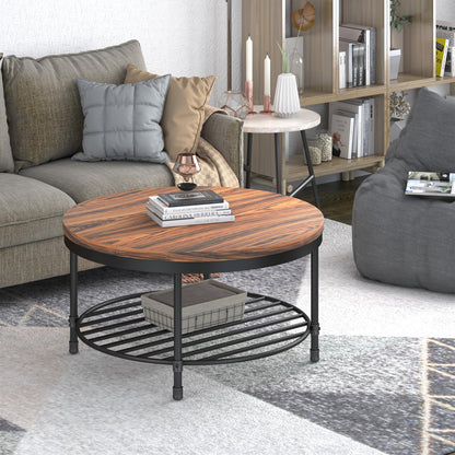 NSdirect 36" Round Coffee Table with Storage Shelf – Dark Red Brown Vintage Wood Top & Sturdy Metal Legs, 18.5" Height Modern Center Table for Living Room or Small Spaces