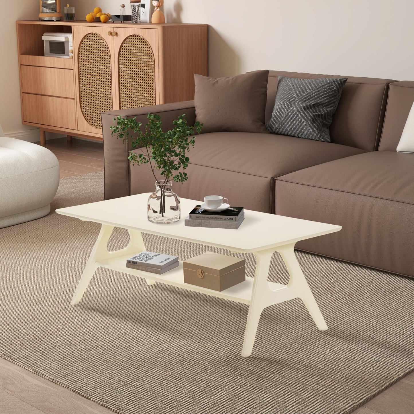 Roundhill Furniture Arona Mid-Century Modern Wood Coffee Table with Shelf – Off-White Finish