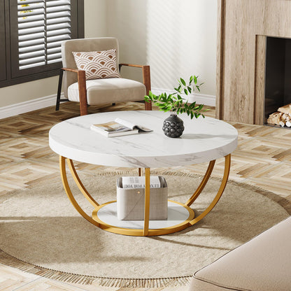 Tribesigns Modern Round Coffee Table, 2-Tier Circle Coffee Table with Faux White Marble Top and Gold Metal Legs, Elegant Accent Center Table for Living Room