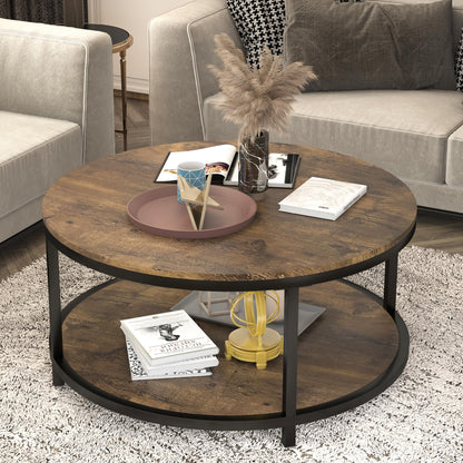 NSdirect 36" Round Coffee Table for Living Room – Rustic Brown Wooden Top with Sturdy Metal Legs, 2-Tier Industrial Sofa Table with Open Storage Shelf, Modern Home Furniture