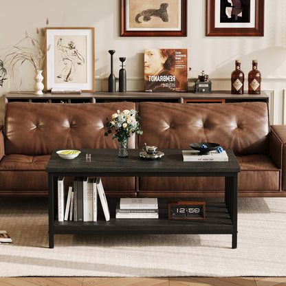 Modern Farmhouse Coffee Table with Slatted Frame, 2-Tier Storage Shelf for Living Room or Office, 39 Inch Black