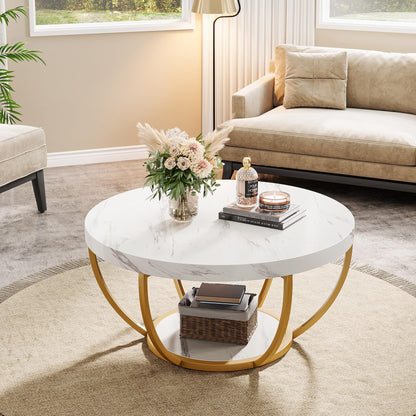 Tribesigns Modern Round Coffee Table, 2-Tier Circle Coffee Table with Faux White Marble Top and Gold Metal Legs, Elegant Accent Center Table for Living Room