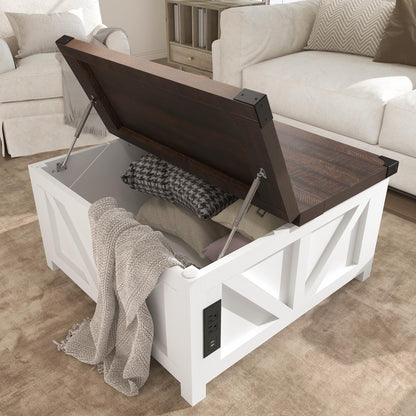 Farmhouse Lift Top Coffee Table with Storage and Charging Station – White Wood Square Center Table with USB Ports, Hidden Compartment, and Large Storage Space for Living Room, Bedroom, or Home Office