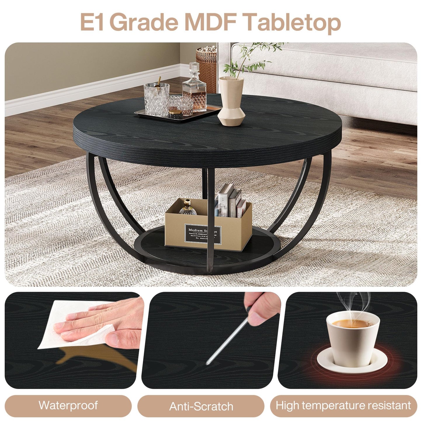Tribesigns Black Round Coffee Table, 31.7" Modern 2-Tier Circle Coffee Table with Storage Shelves, Accent Cocktail Table Center Table for Living Room
