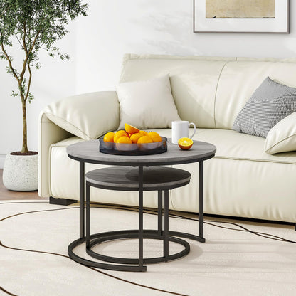 Nesting Round Coffee Table Set of 2, Wooden Accent Tables with Metal Frame for Living Room, Stacking Side Tables, Black/Warm Grey