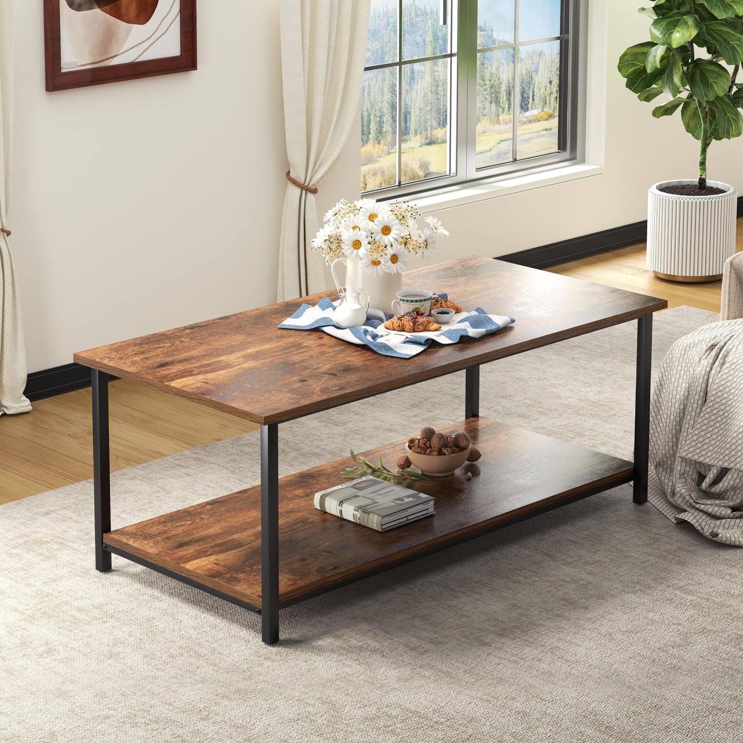 2-Tier Coffee Table with Storage Shelf, Brown Wood and Metal Frame Rectangle Table for Living Room, 39.3"x20"x16"