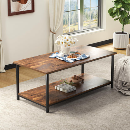 2-Tier Coffee Table with Storage Shelf, Brown Wood and Metal Frame Rectangle Table for Living Room, 39.3"x20"x16"