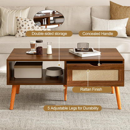 Boho Coffee Table with Rattan Drawer and Solid Wood Legs, Small Living Room Table with Storage, Walnut