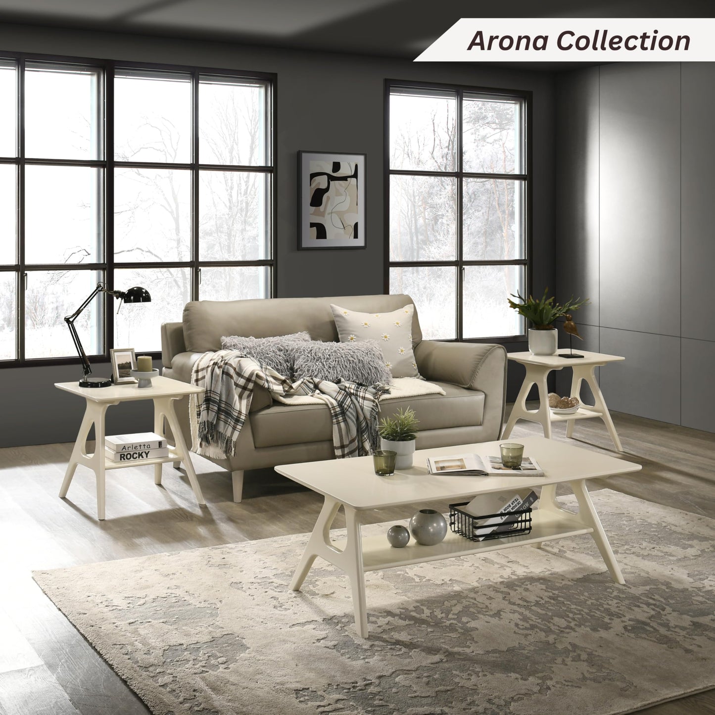 Roundhill Furniture Arona Mid-Century Modern Wood Coffee Table with Shelf – Off-White Finish