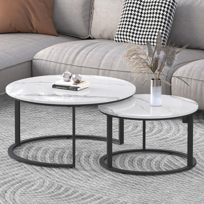 WiberWi Round Nesting Coffee Tables Set of 2 – Large Ø33.5", Small Ø25.7", Modern Metal Frame Circle Tables with High Gloss Faux White Marble Top for Living Room