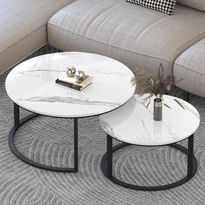 WiberWi Round Nesting Coffee Tables Set of 2 – Large Ø33.5", Small Ø25.7", Modern Metal Frame Circle Tables with High Gloss Faux White Marble Top for Living Room