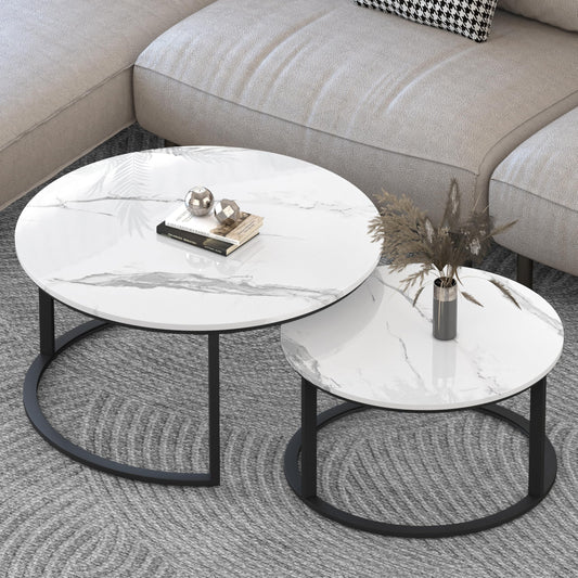WiberWi Round Nesting Coffee Tables Set of 2 – Large Ø33.5", Small Ø25.7", Modern Metal Frame Circle Tables with High Gloss Faux White Marble Top for Living Room